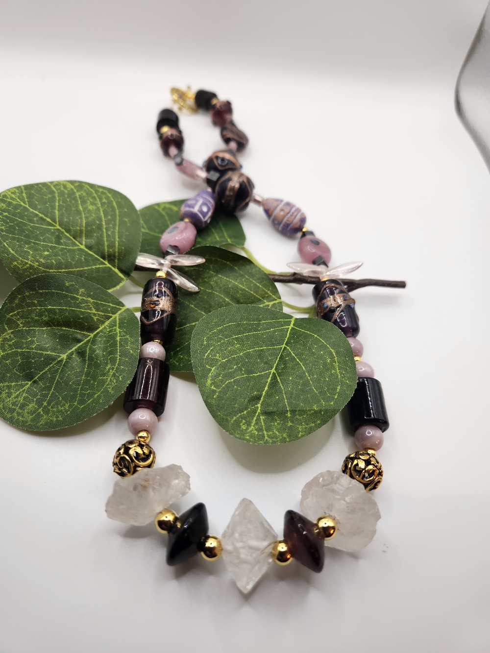 Pink and Black Mixed Bead Necklace with Crystal Accents